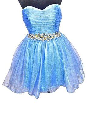 CAMILLE LA VIE BLUE ORGANZA HOMECOMING PARTY DRESS W/ CRYSTAL EMBELLISHED WAIST